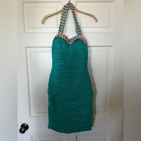 Teal Rouched‎ Daisy Embellished Halter Dress Size S Easter Spring Tea Party - Picture 1 of 7